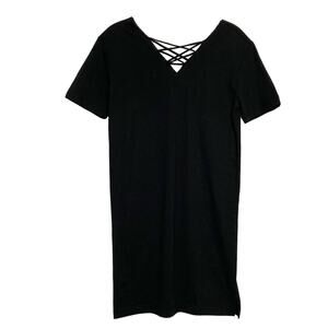 Nwt LIQUID ENERGY Dress S Black Lattice V-Neck Short-Sleeve Stretch Cotton blend